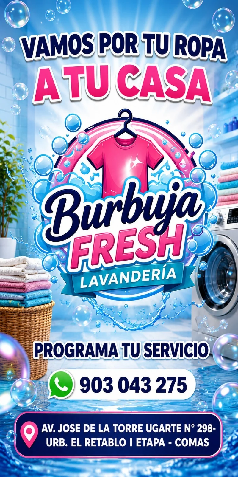 Diseño publicitario de Burbuja Fresh anunciando recojo de ropa a domicilio